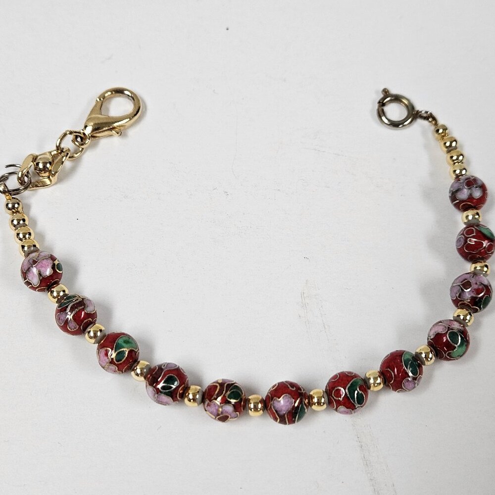 Vintage Chinese Cloisonné Enamel Bead Bracelet Red Floral Gold Tone 8 Inch/C-1